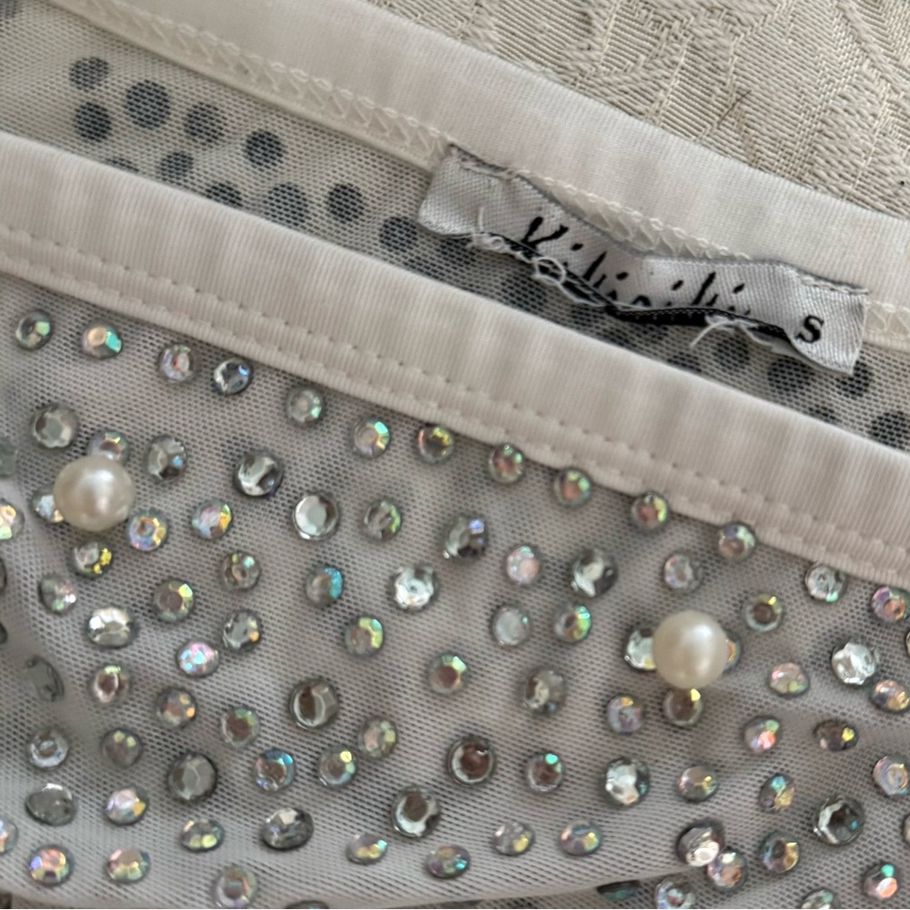 Embellished Pearl and Rhinestone Sparkly White Bodysuit - Picture 4 of 7